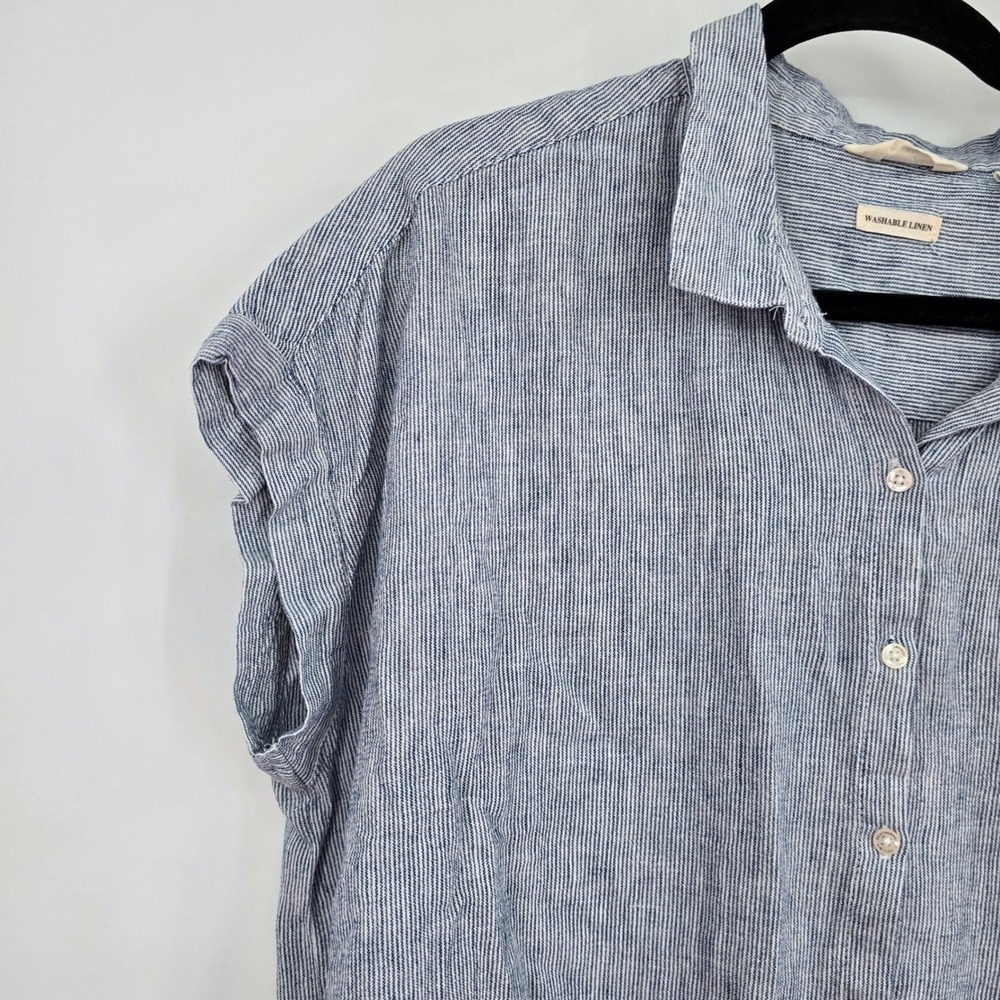Weatherproof Vintage Womens Blue White Striped Washable Linen Tie Front Shirt - Picture 3 of 9